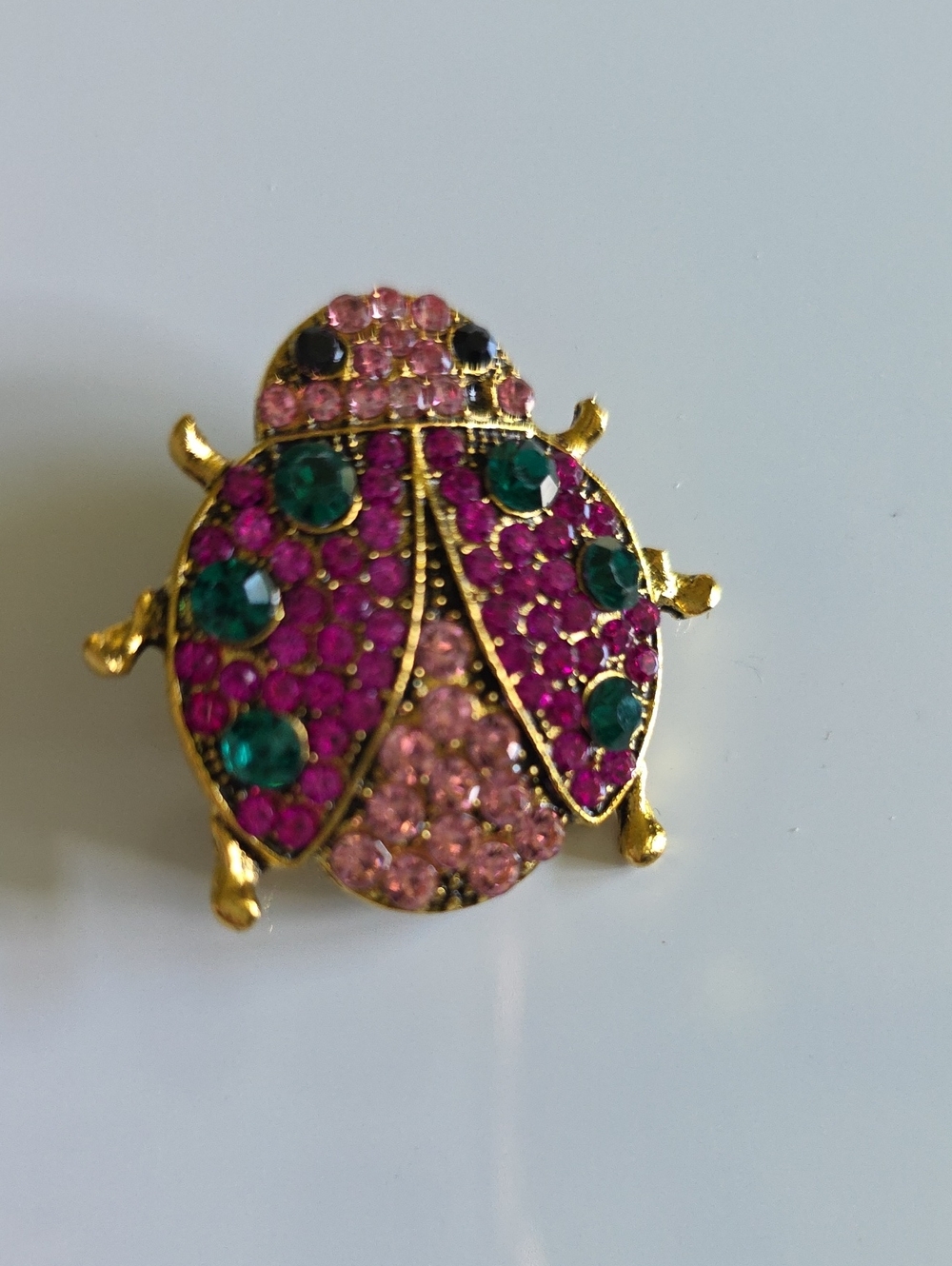 Gold-Tone Pink & Green Crystal Ladybug Brooch#1